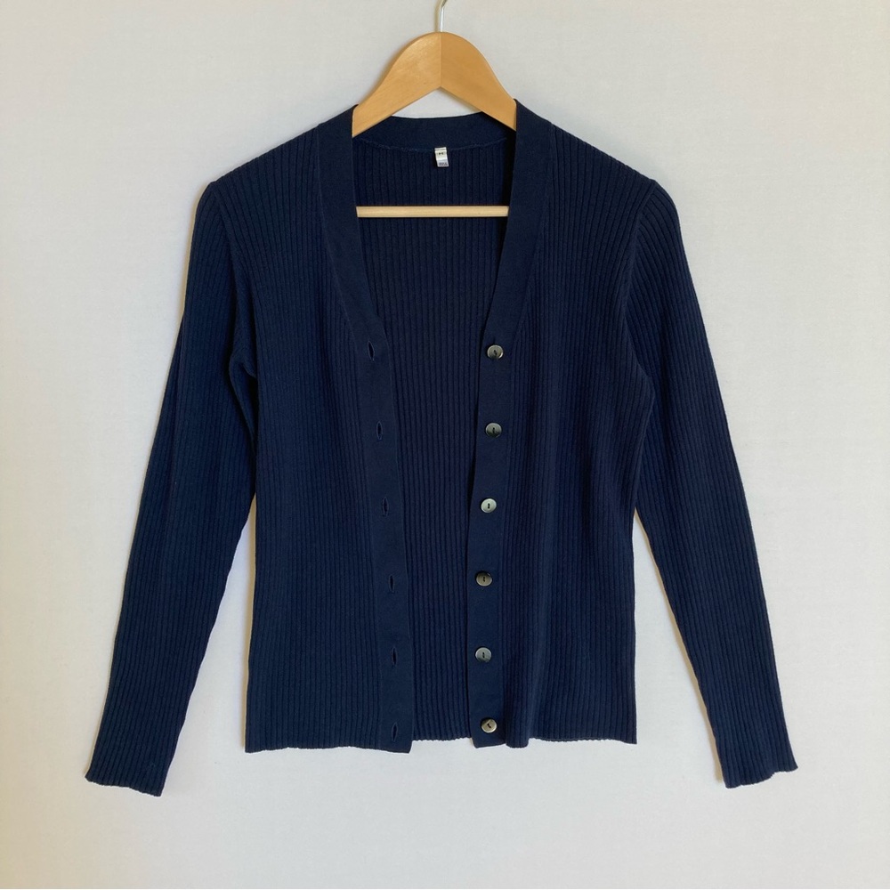 Muji Women’s Ribbed Cardigan Sweater Navy Blue Cotton Silk Size Medium Minimal